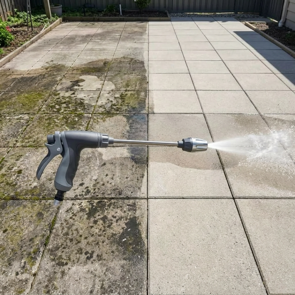 Before and after: dirty patio cleaned with Jetterix